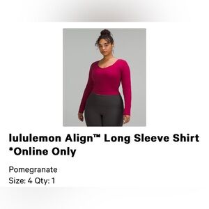 lululemon align long sleeve pomegranate size 4